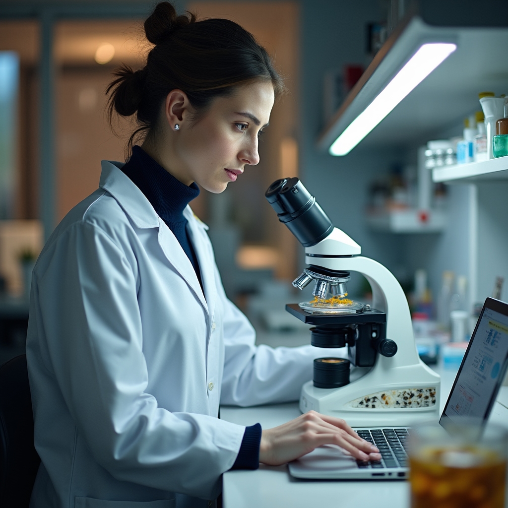 Ricercatrice biologa in laboratorio con campioni di api e microscopi, sguardo concentrato