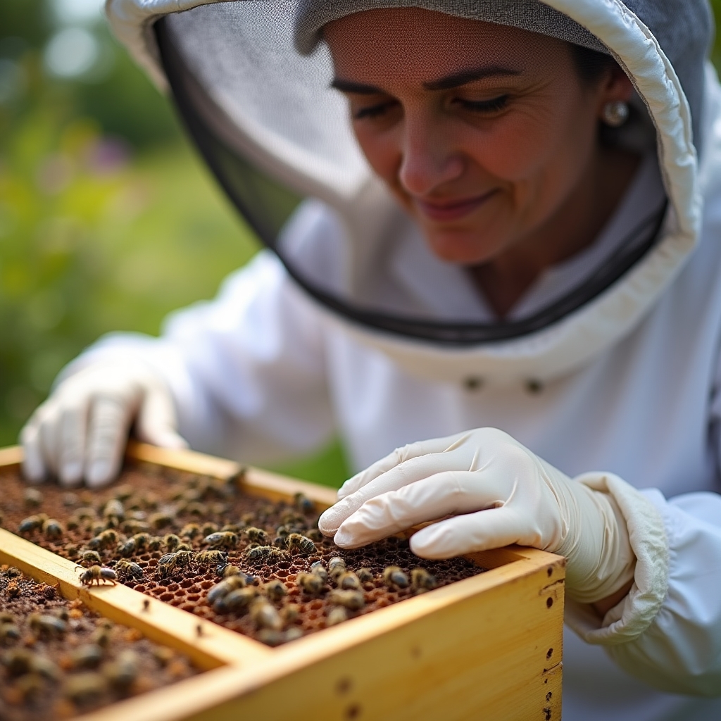 Apicoltore che marca una regina con pennarello giallo su favo pieno di api